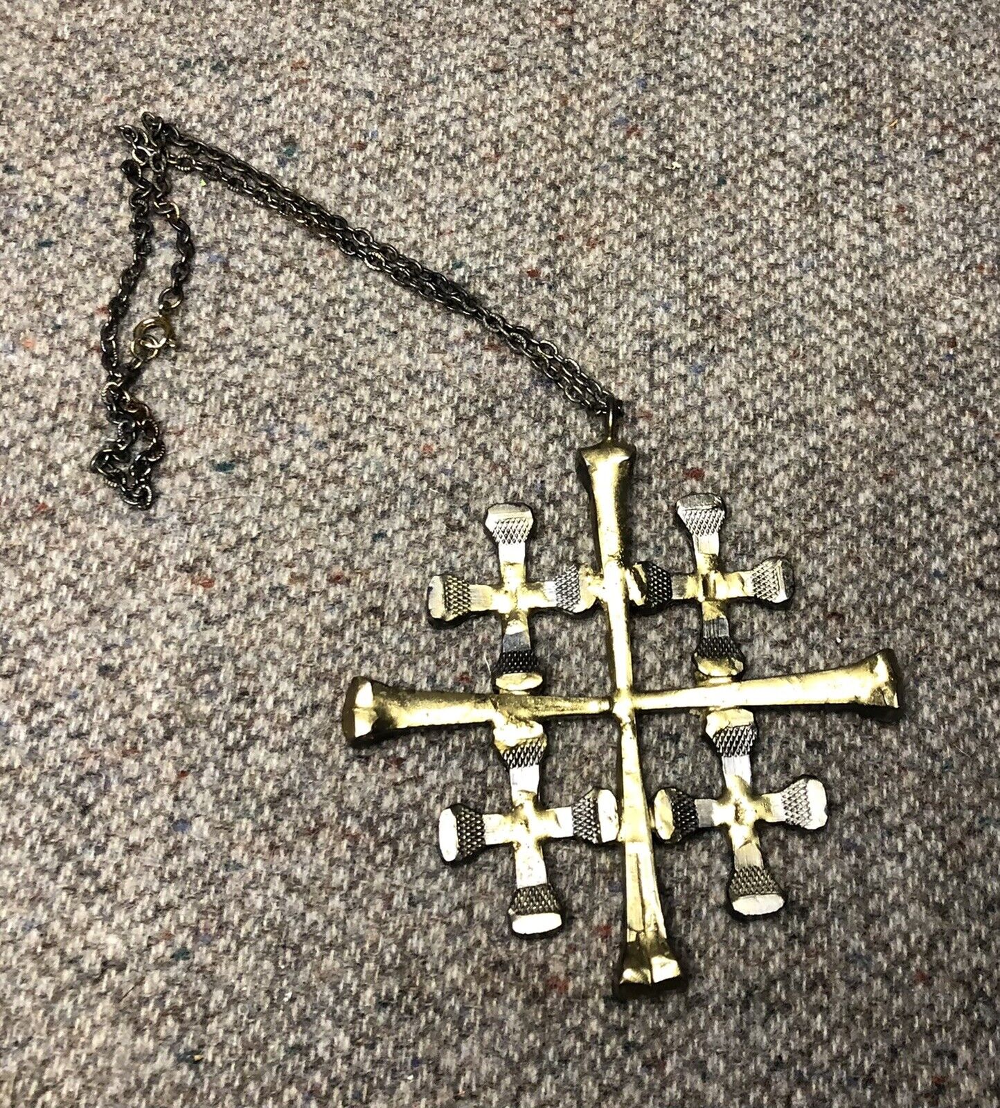 Vintage Jerusalem 5 Cross Metal Brass Accents Necklace Religious Catholic