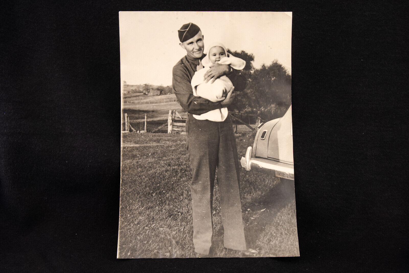 US Military Serivceman Holding His Newborn Baby Vintage Black & White Photo V17