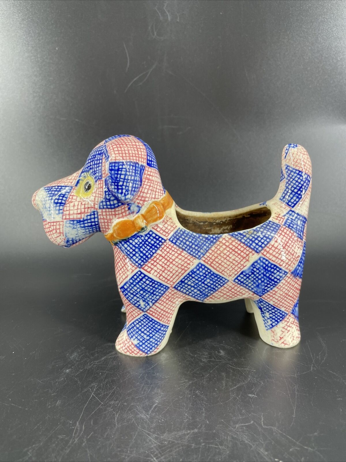Vintage 4th July Red White Blue Plaid Puppy Dog With Bow Ceramic Japan