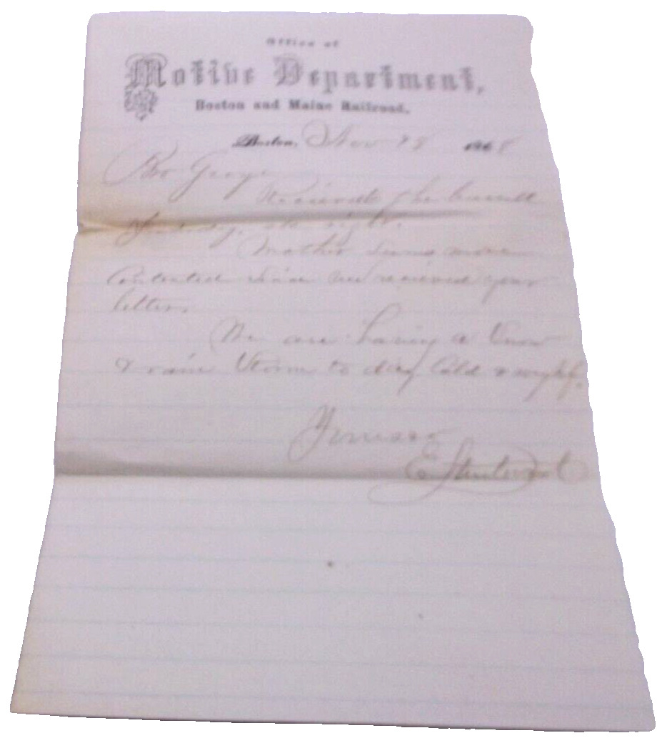 NOVEMBER 1868 BOSTON & MAINE MOTIVE DEPARTMENT STATIONERY PERSONAL LETTER