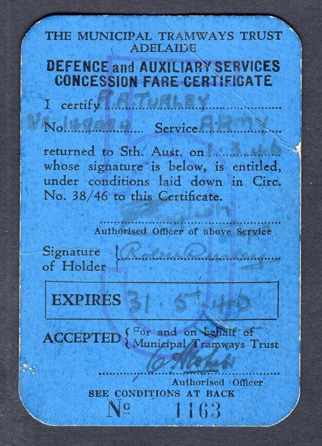 AUSTRALIA 1946 Adelaide Municipal Tramways Ticket Pass. Military Concession Fare