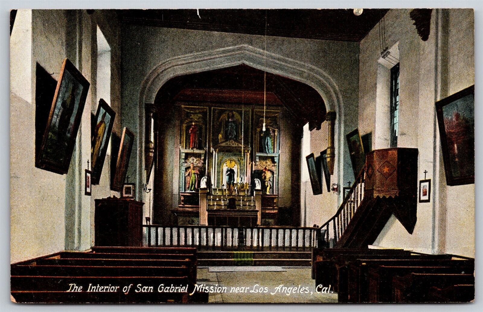 Postcard Interior of San Gabriel Mission near Los Angeles CA U132