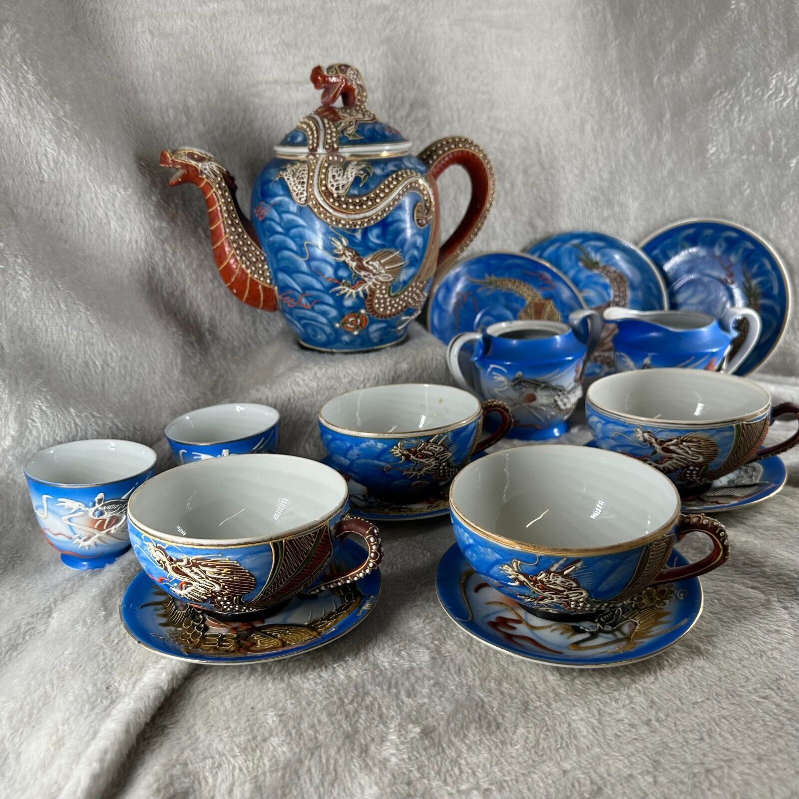 Blue Dragon Ware Kutani Moriage Lithophane Tea Set With Cups, Plates and More