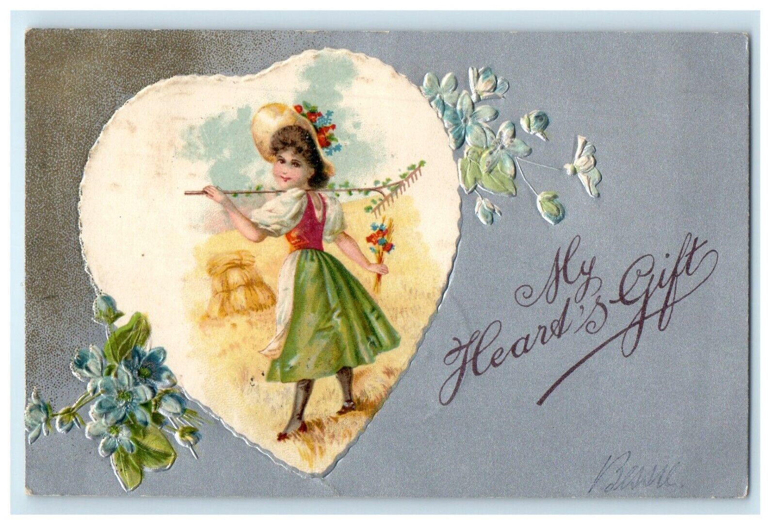 1907 Valentine My Heart\'s Gift Girl Big Hat Rake And Flowers Embossed Postcard