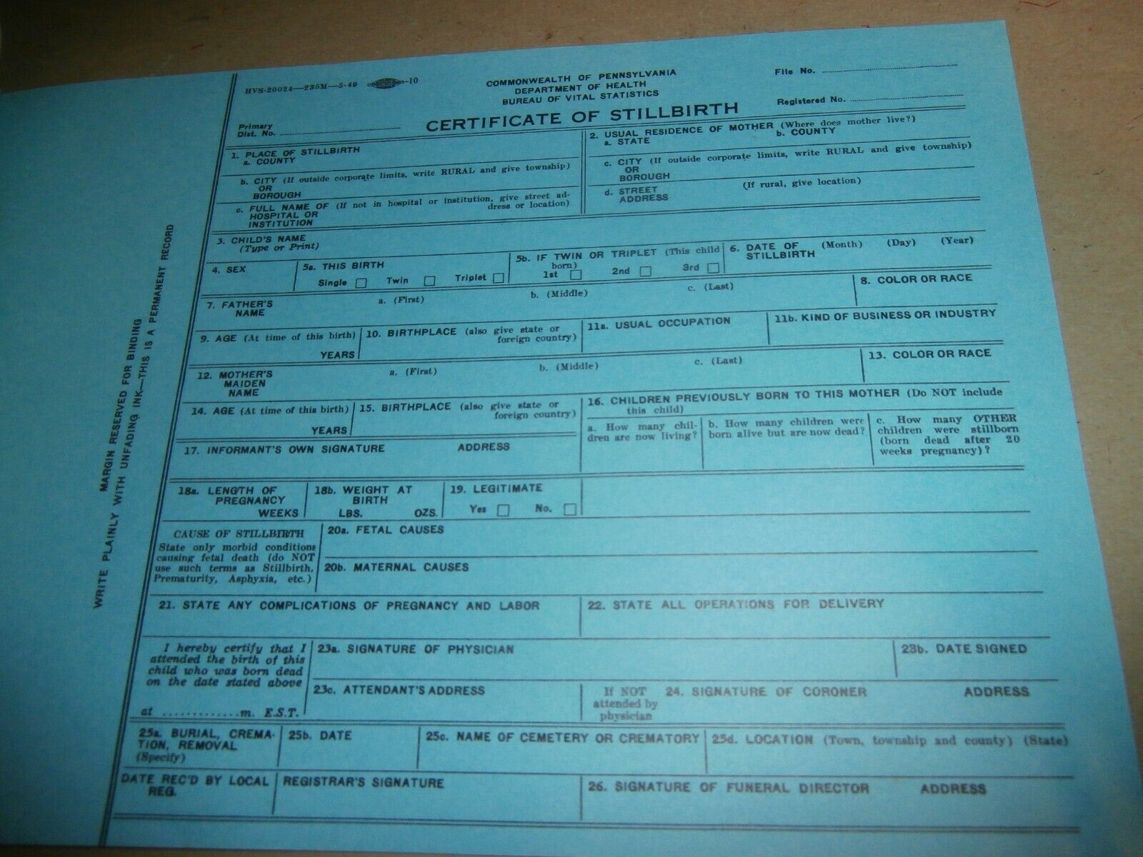 Vntg Commonwealth of PA Hospitals Physicians Stillbirth Death Certificates 1949
