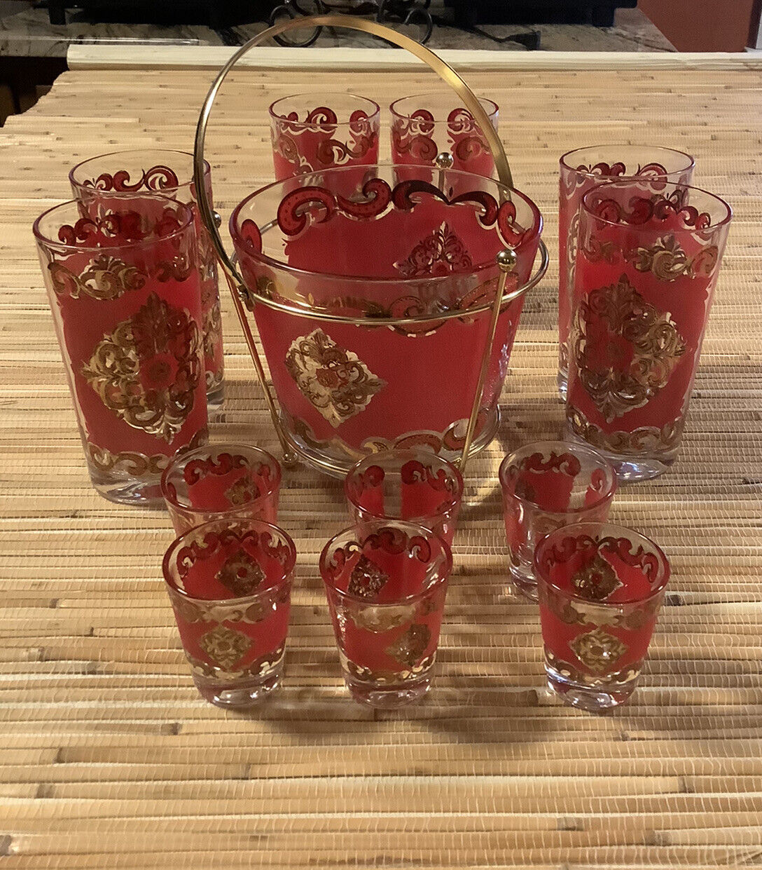 VINTAGE RARE STARLYTE RED/GOLD COLLINS GLASSES/BUCKET/SHOT GLASSES/CADDY.