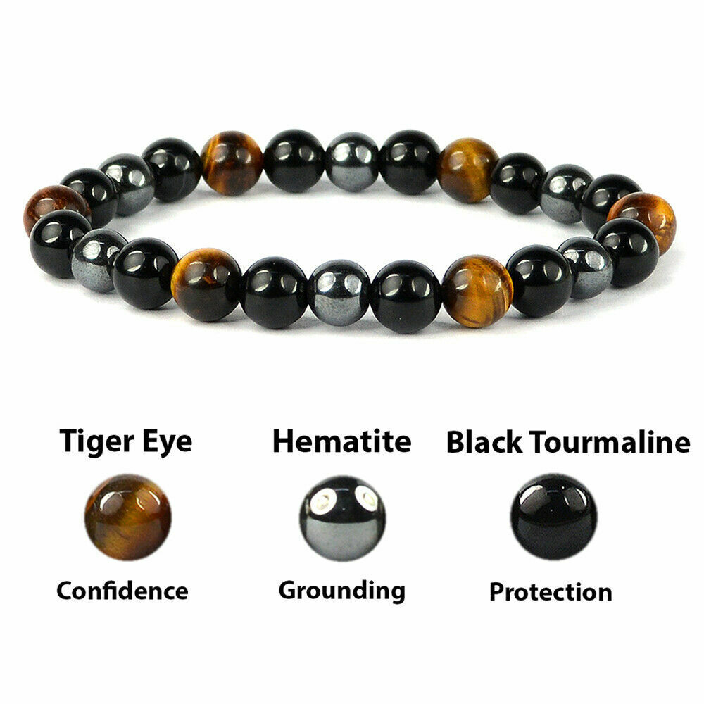 Energy Healing Stretch Bracelets Triple Natural Stone Hematite Tiger Eye BT Gift