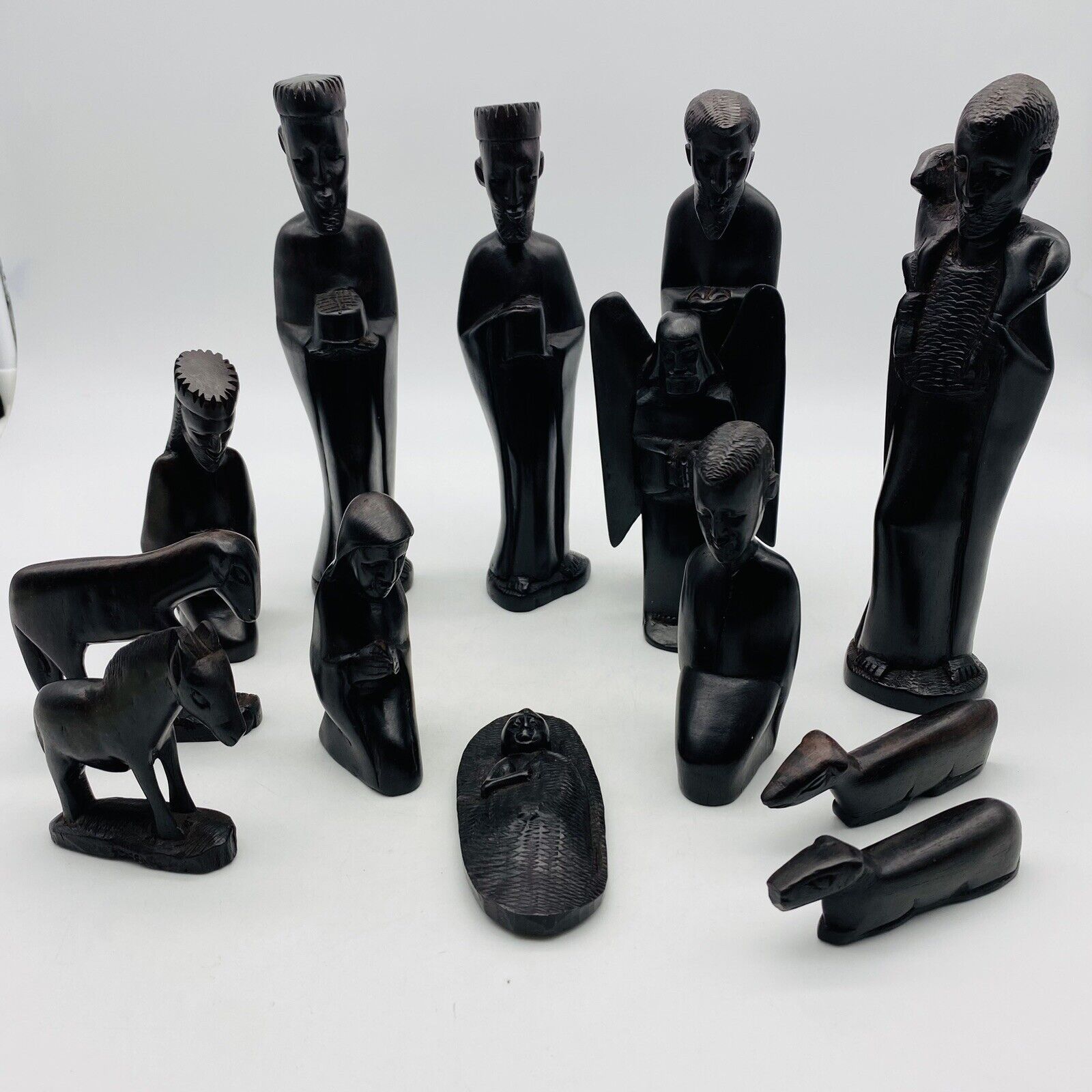 African Africa ebony hand carved wood complete NATIVITY Christmas Creche set 13