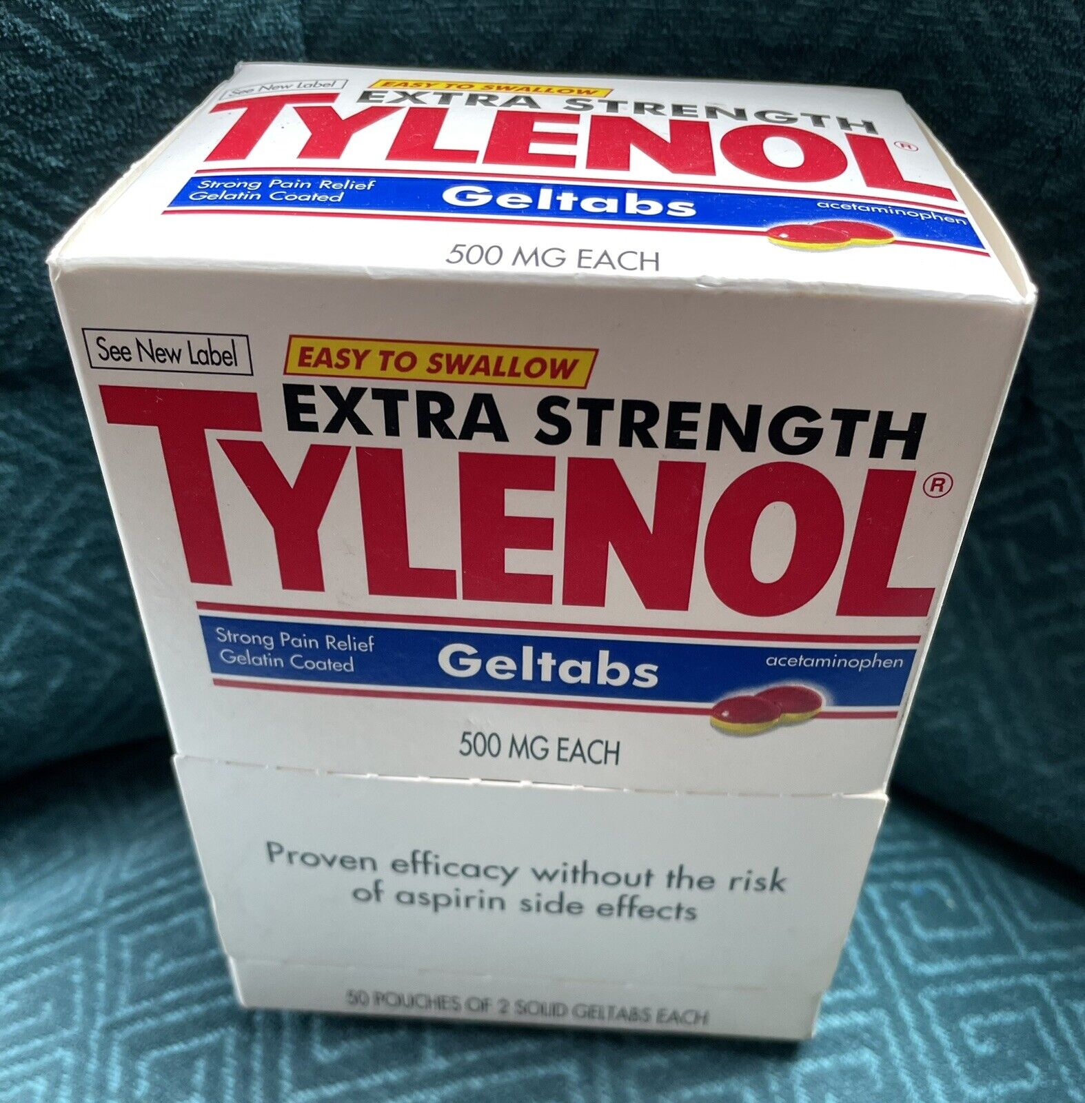 New Vntg Extra-Strength Tylenol Geltabs 500 MG EACH, 50 Pouches Box C. 1998 Prop