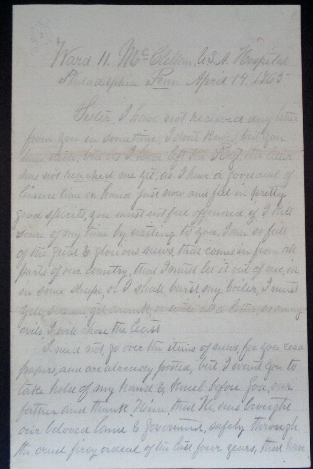 Civil War April 14, 1865 Wounded Soldier's 4 Page Letter Day Lincoln Was Shot 