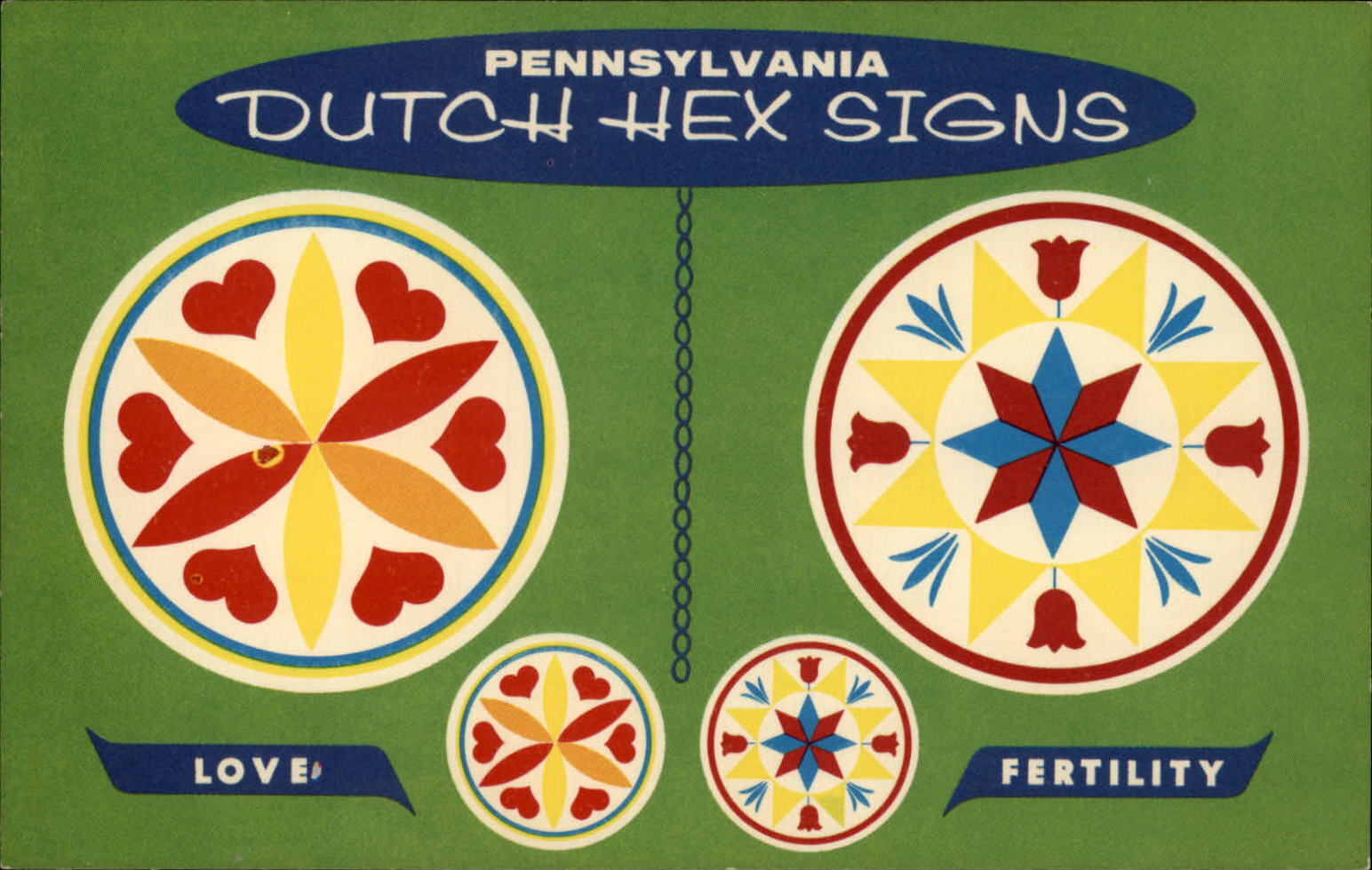 Pennsylvania Dutch Hex Signs for Love & Fertility unused vintage postcard