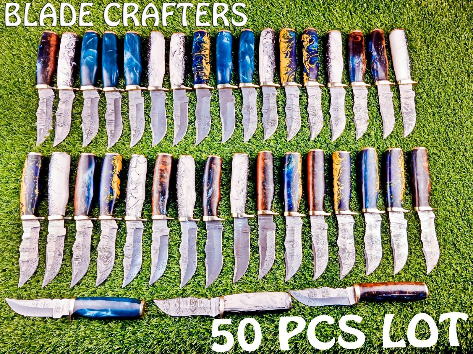 50 PCS LOT CUSTOM HAND FORGED DAMASCUS BLADE CAMPING SKINNER HUNTING KNIVES -