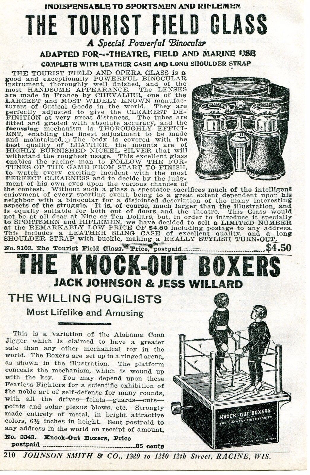 1926 Print Ad Knock Out Boxers Jack Johnson Jess Willard Toy Tourist Field Glass