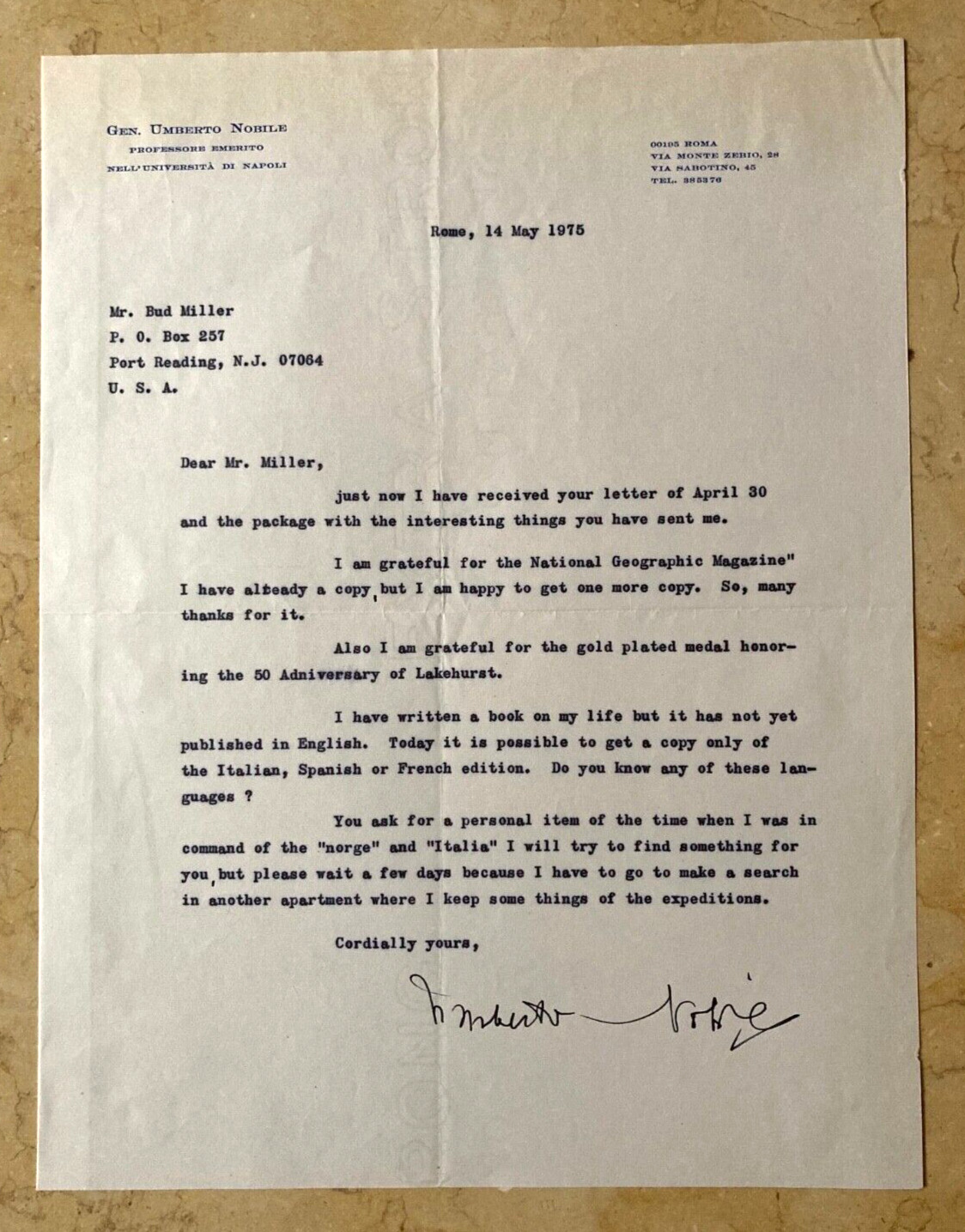 VERY RARE ARCTIC EXPLORER ' UMBERTO NOBILE ' AUTOGRAPHED TYPED LETTER ROME 1975