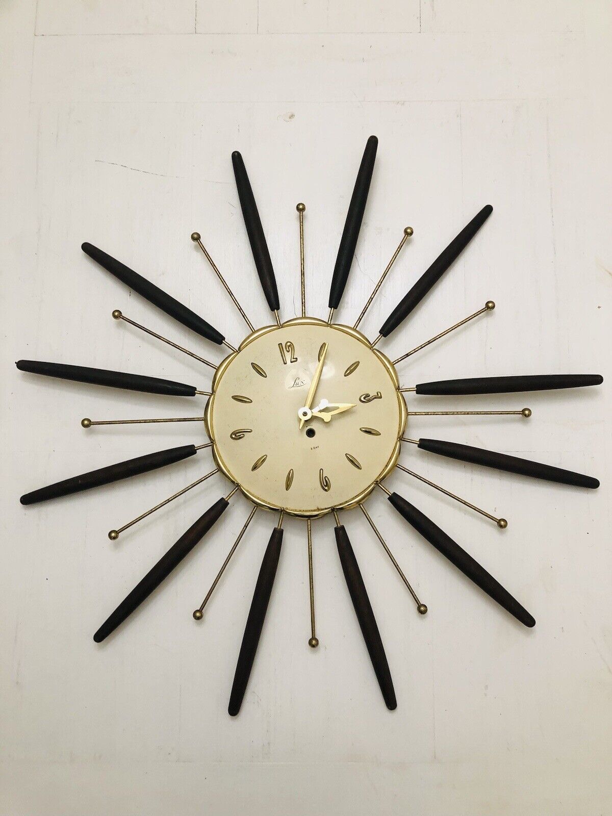 Mid-Century Vintage Lux Starburst Clock 1963 Robert Shaw Teak with Metal NO KEY