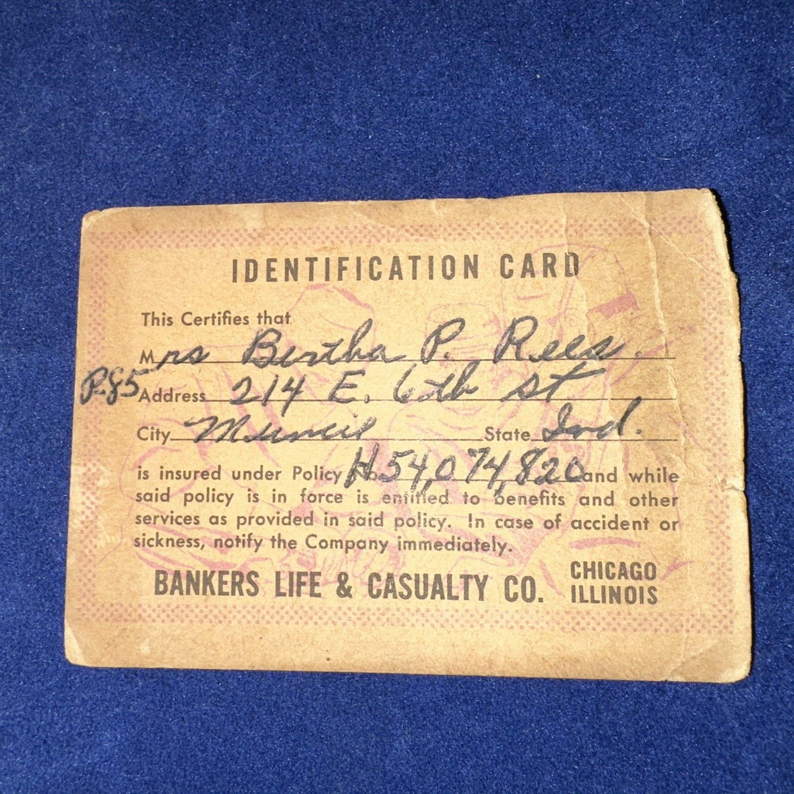ID Card Bankers Life And Casualty - Bertha P Rees - Muncie, IND