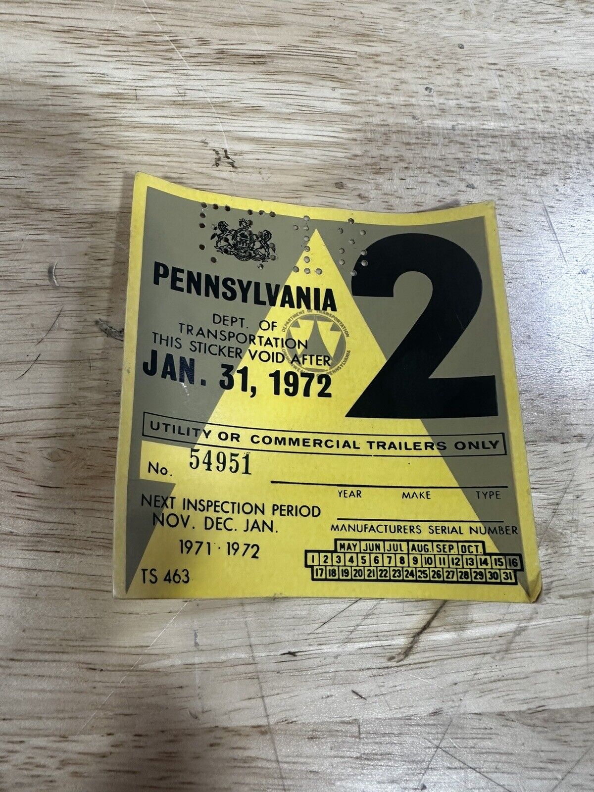 Vintage Original 1972 PA Pennsylvania Inspection Sticker Antique Car or Truck