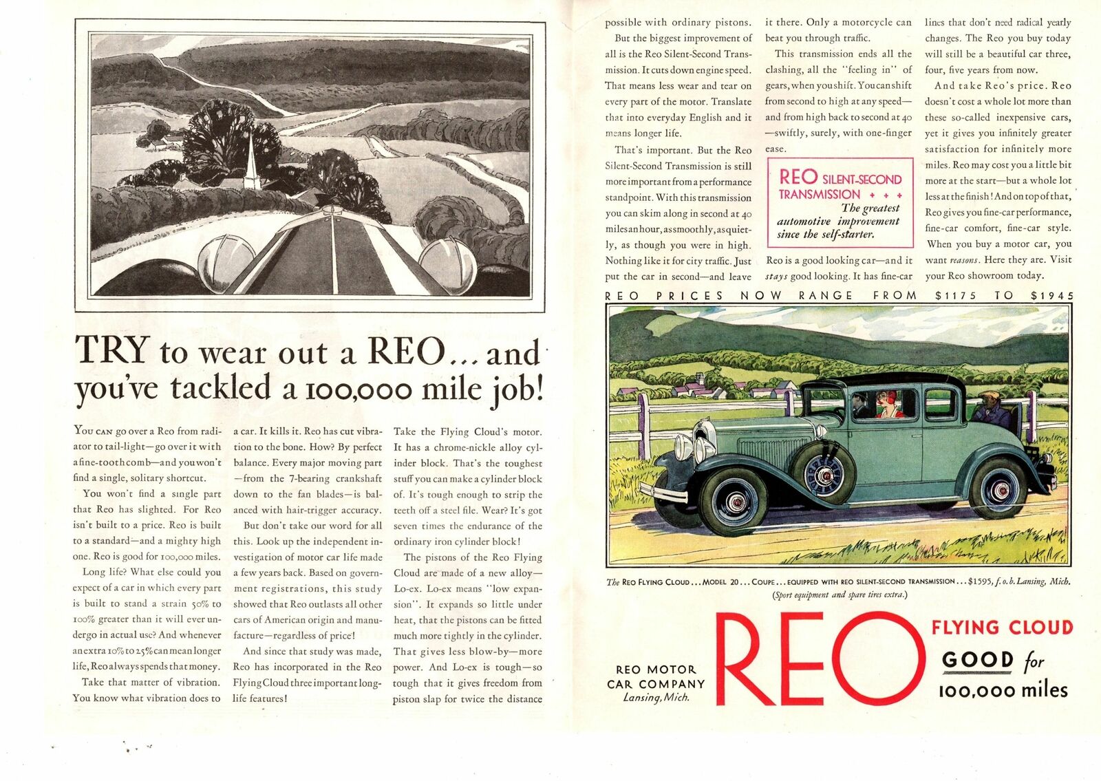 1930 Reo Flying Cloud Model 20 Car $1595 Lansing Michigan Color 2-Page Print Ad