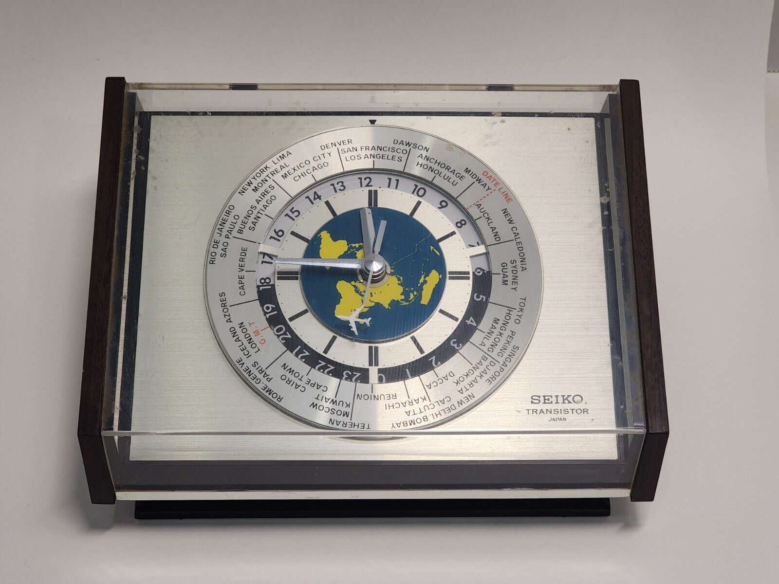 Vintage Working Seiko Transistor World Clock W/Airplane Second Hand SEE VIDEO
