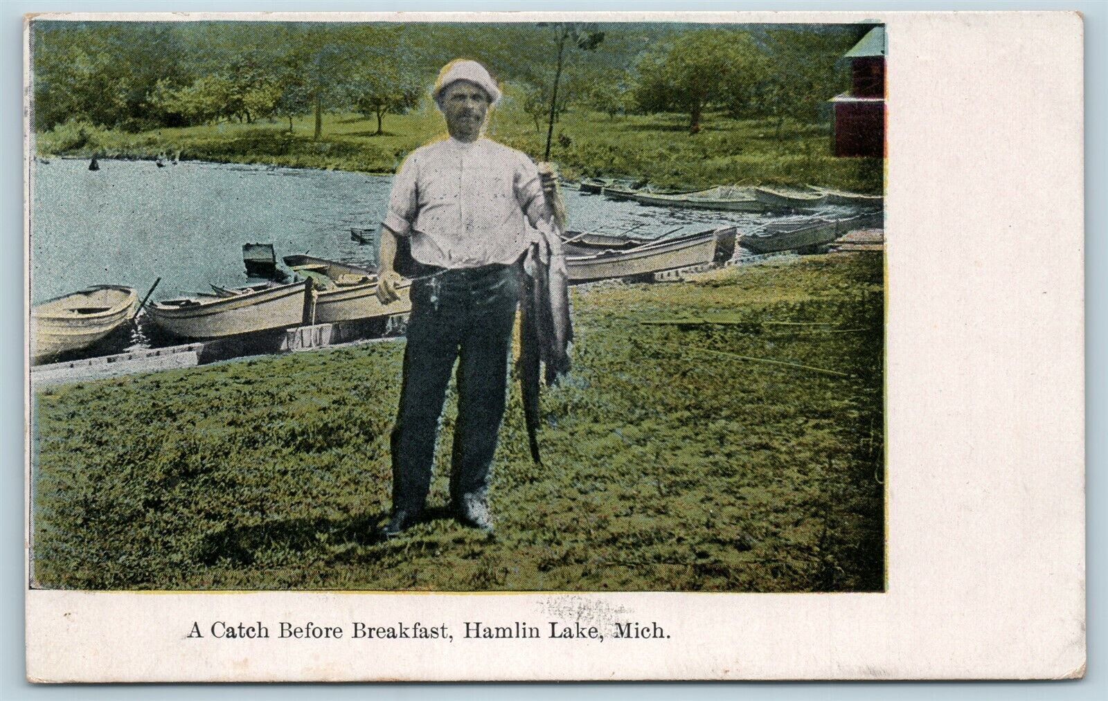 Postcard MI Hamlin Lake Michigan Fishing A Catch Before Breakfast 1912 F30