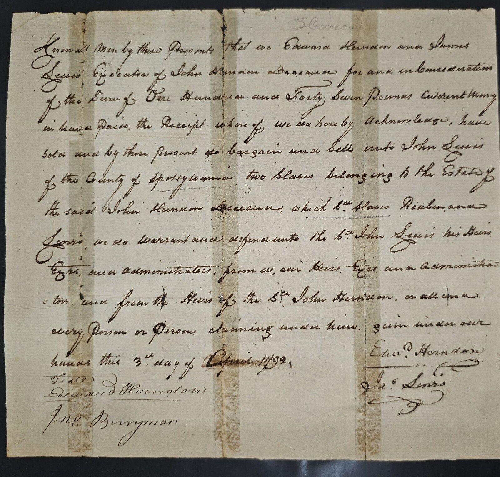 Bill of Sale May 3, 1792 Slaves Named Reunen And Gemro - Spotsylvania Virgina