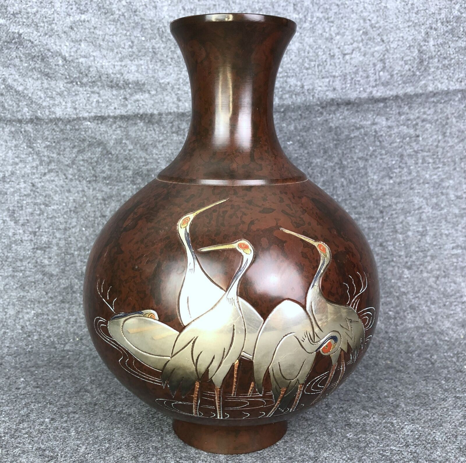 Vintage Japanese Art Deco Period Bronze Vase with Silver Crane Birds Signed