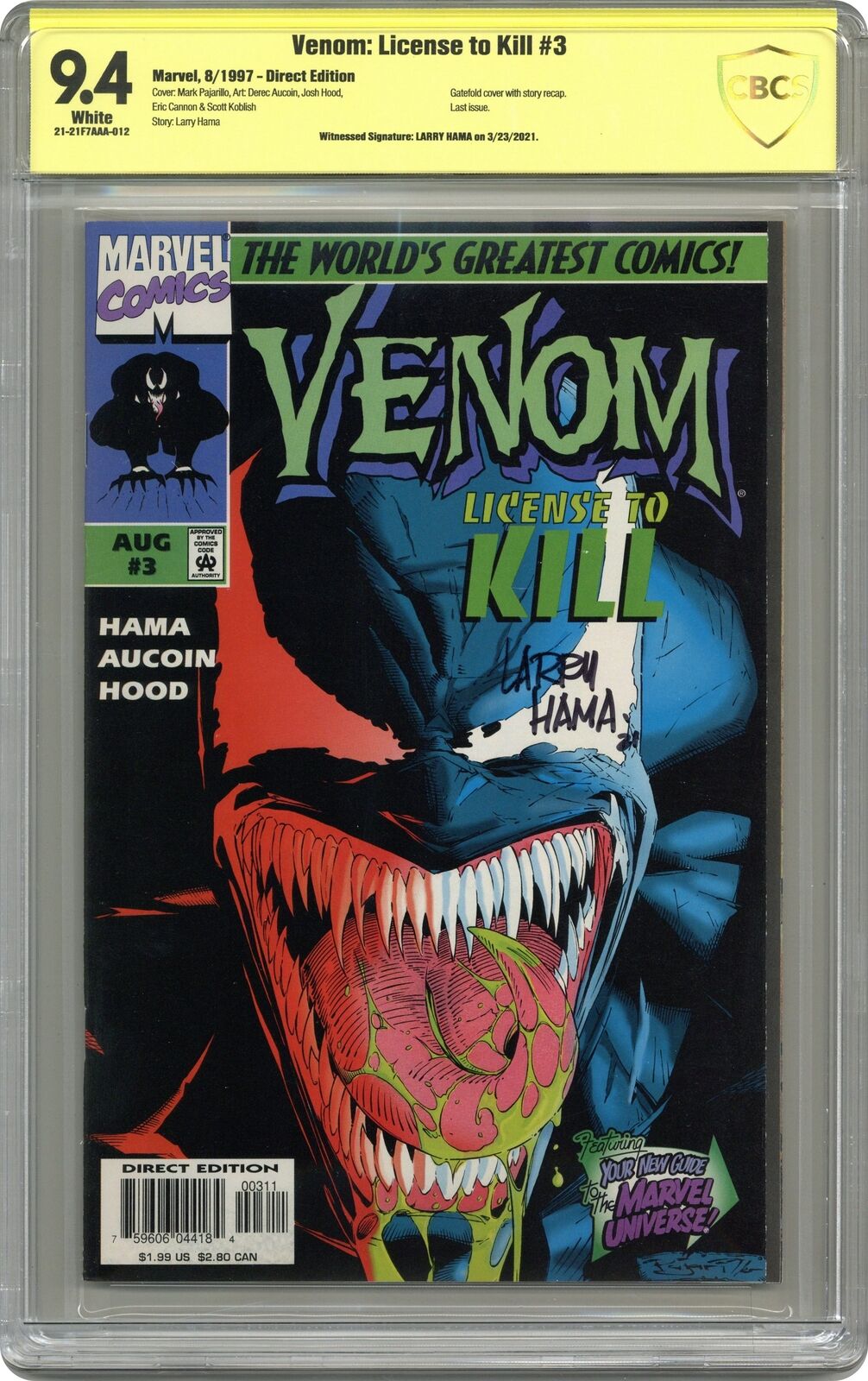 Venom License to Kill #3 CBCS 9.4 SS Larry Hama 1997 21-21F7AAA-012