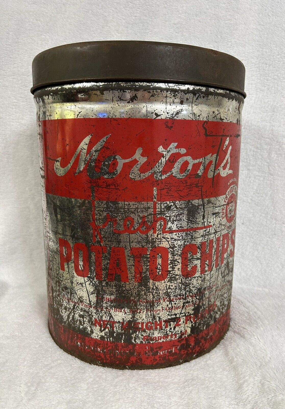 Morton’s VTG Potato Chips Large tin can With Lid 12 1/2”x 9 3/4”  Advertising