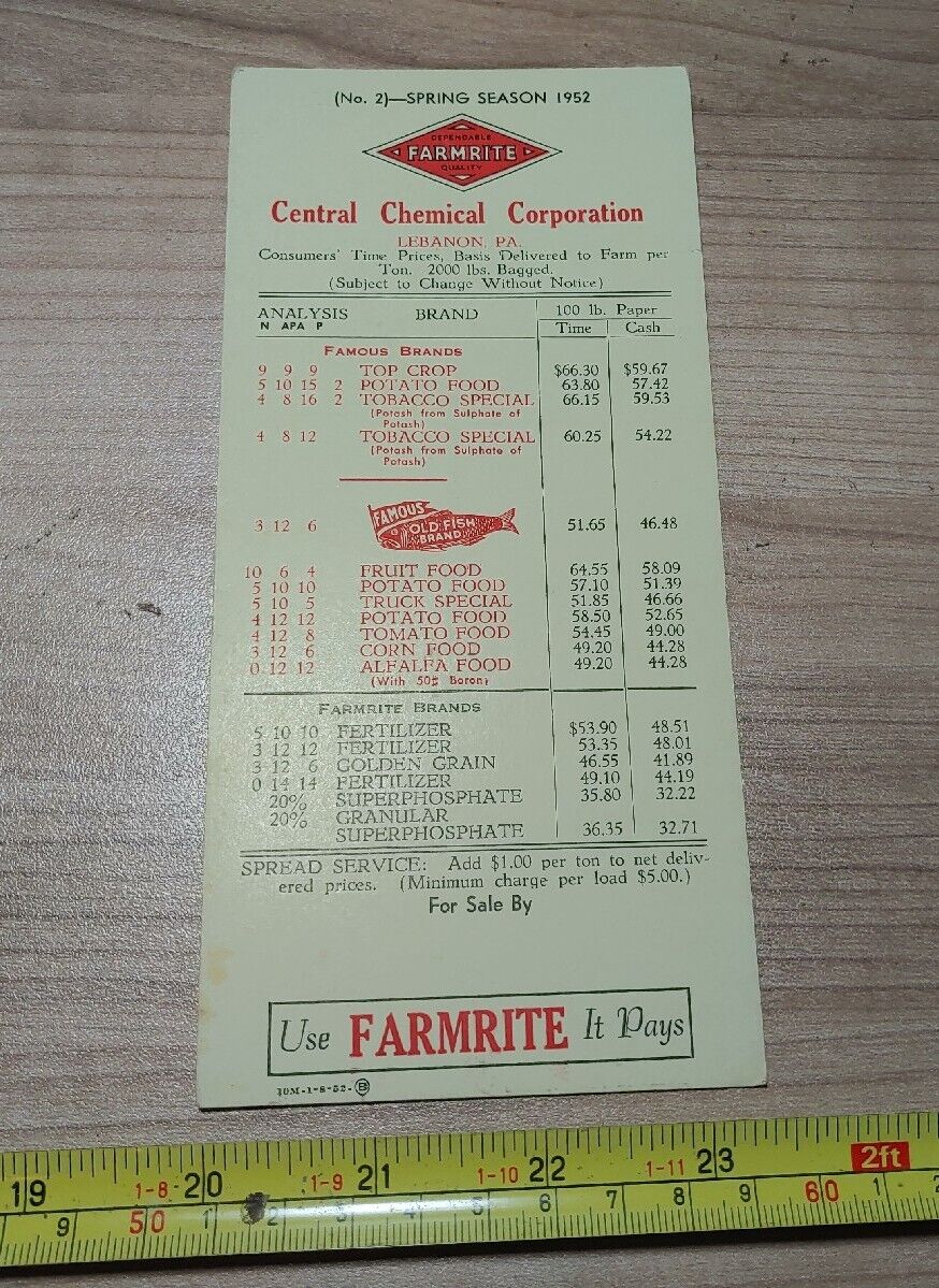Vintage 1952 Farmrite Central Chemical Corp Lebanon PA Advertising Blotter