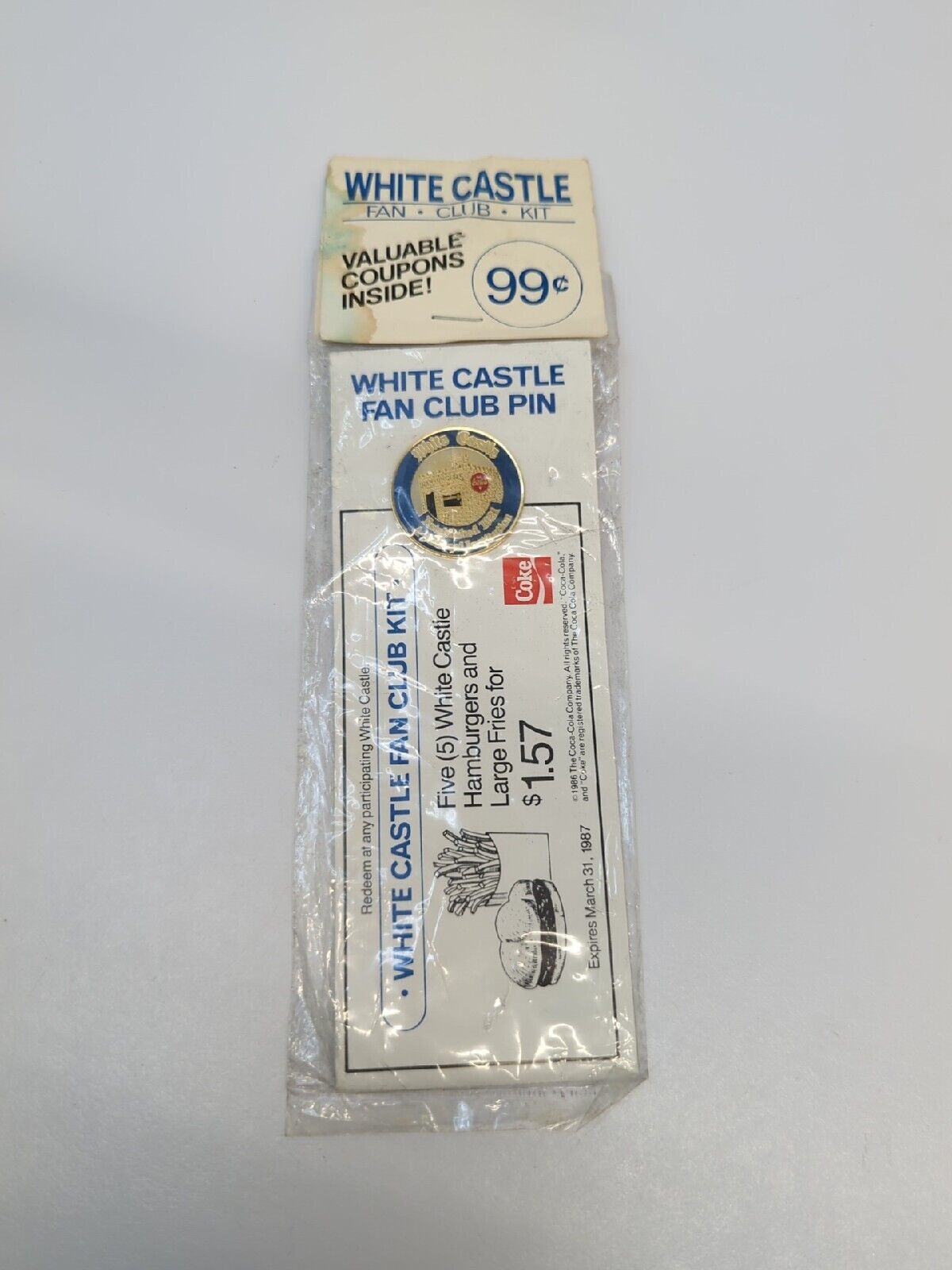 Rare 1986 White Castle Fan Club Kit Coke Pin Coupons