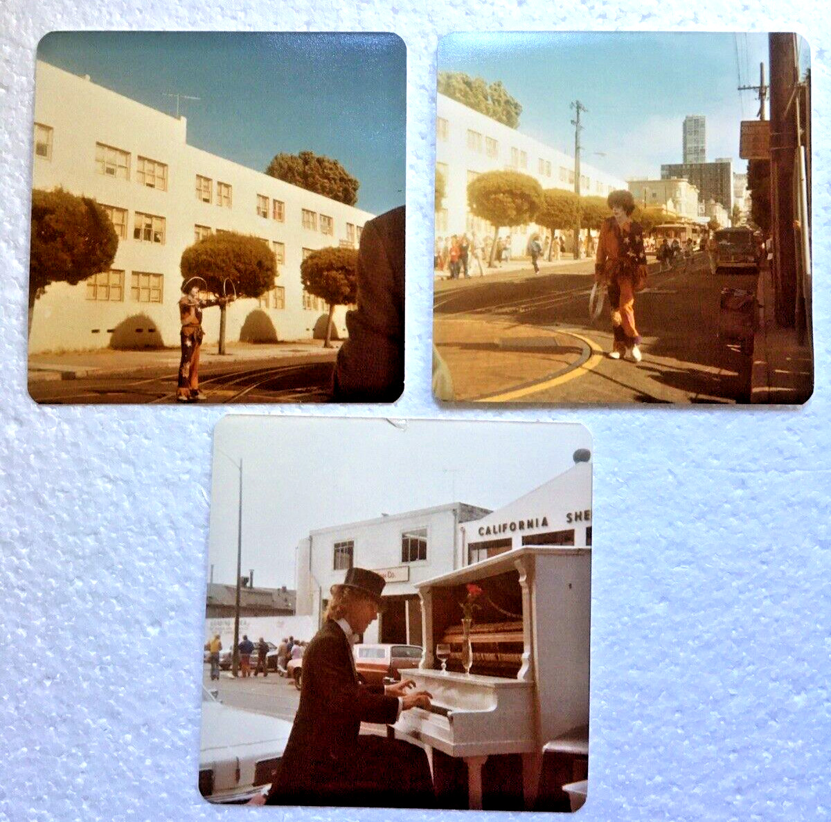 Vintage Photo Lot Of 3 Early 1970\'s Clown Street Parade Piano Player Performers