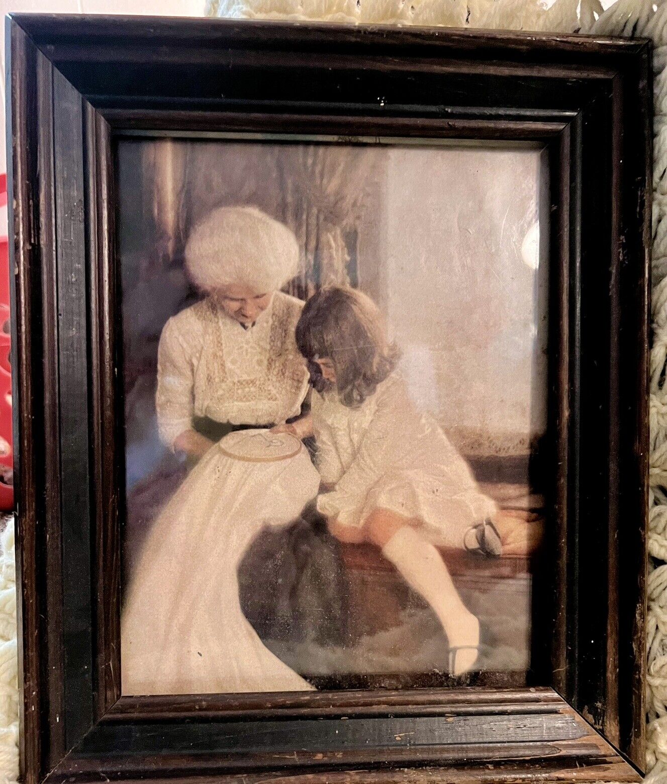 Vintage/ Antique Framed Art Print Grandmother And Child Embroidery
