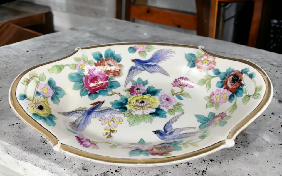 Noritake Ornate Handled Oval Serving Bowl Blue Birds Floral Gold Japan Vintage