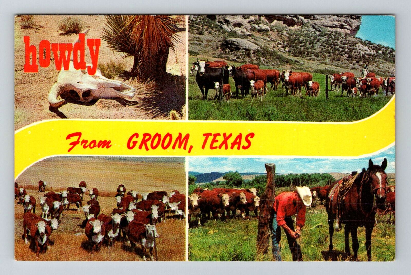 Groom TX-Texas, Scenic Banner Greetings, Cattle, Vintage Postcard