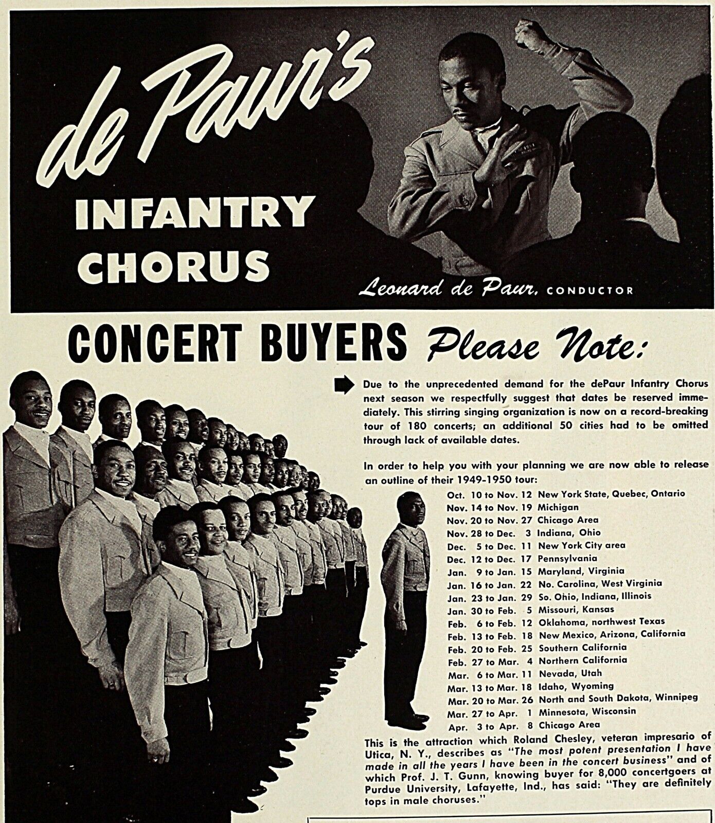 Vintage Music Print Ad DE PAUR\'S INFANTRY CHORUS 1949 Booking Ads 13 x 9 3/4
