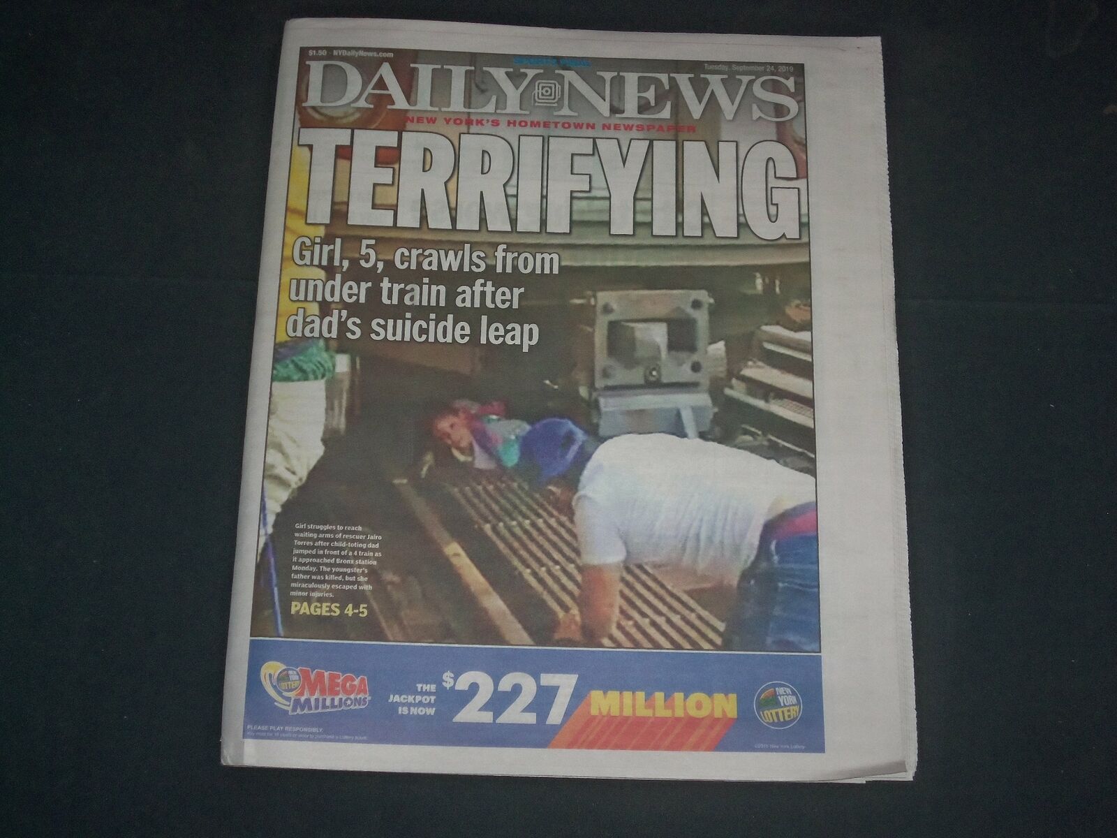 2019 SEP 24 NEW YORK DAILY NEWS NEWSPAPER - GIRL, 5 SURVIES DAD'S SUICIDE LEAP