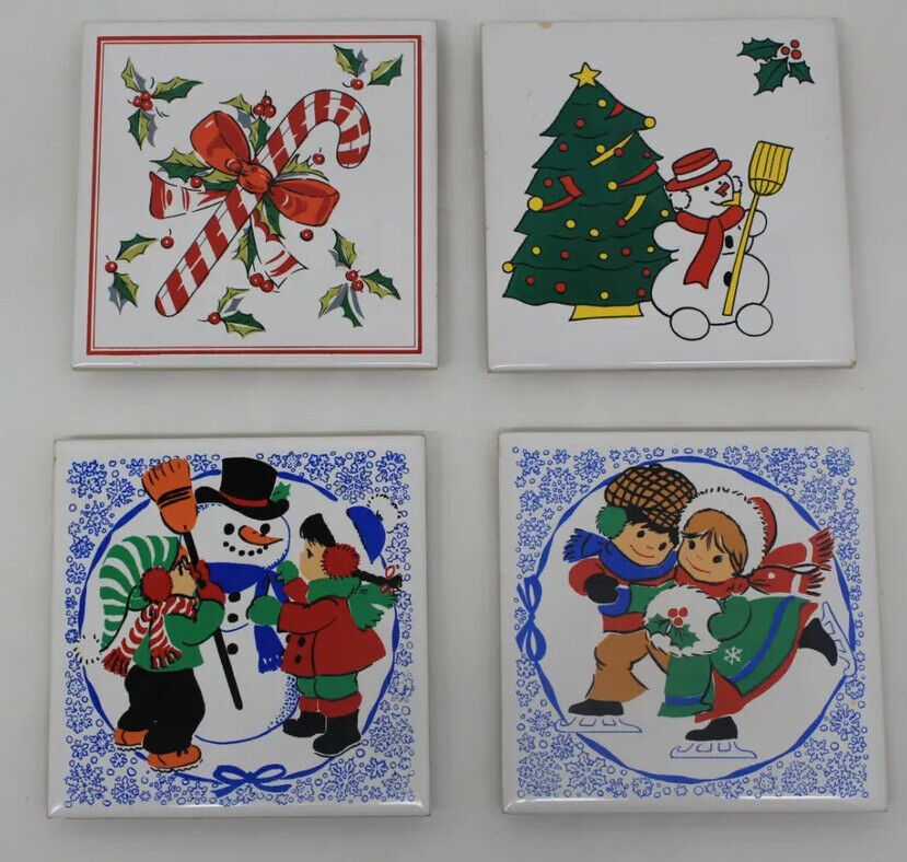 Vtg 4 Jasco Ceramic Trivet Coaster Tiles Christmas tree, snowman, candycane   