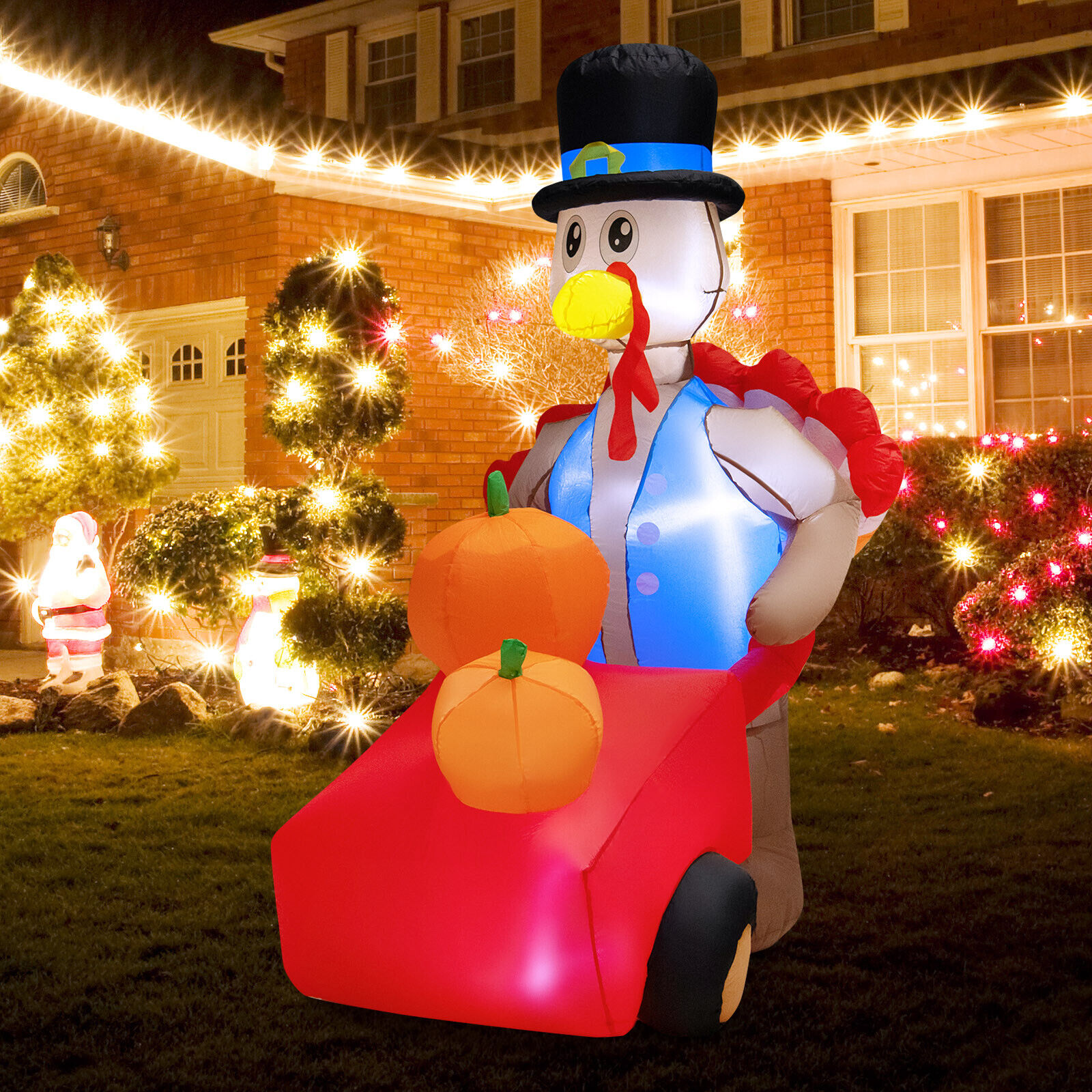6 FT Thanksgiving Inflatable Turkey Pushing Pumpkin Cart Lighted Holiday Decor