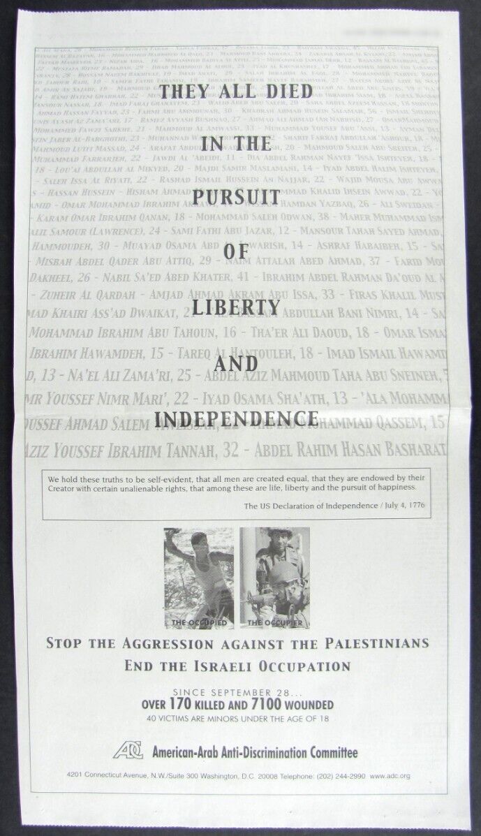 Vintage 2001 Israel Stop Aggression Against Palestine LARGE Newspaper Print Ad
