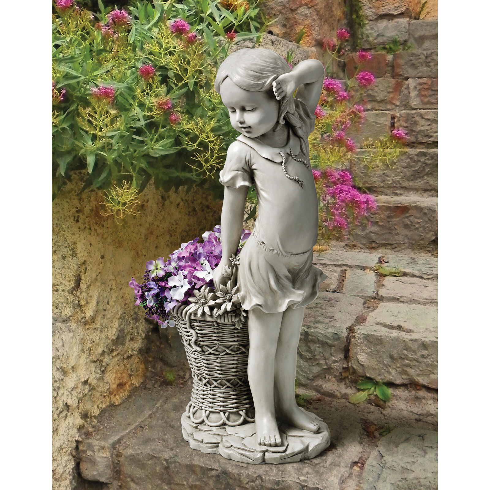 Playful Childhood Faye the Flower Child Little Girl Planter Basket Garden Statue
