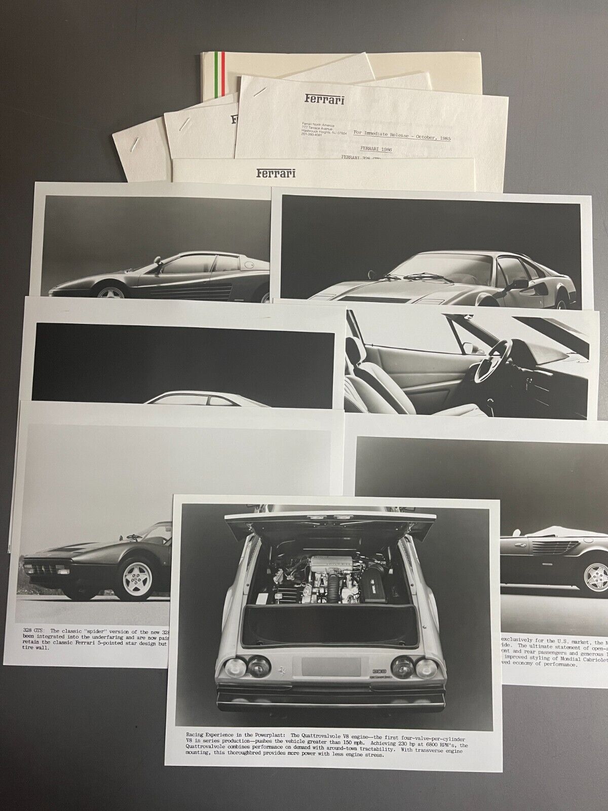 1986 Ferrari Full Line Press Kit + 7 B&W Photos, English - RARE Awesome L@@K