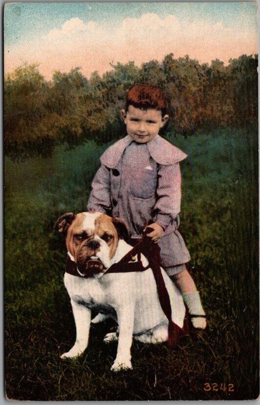 1910s Vintage Animal / DOG Postcard Little Boy & Bulldog / Mitchell California