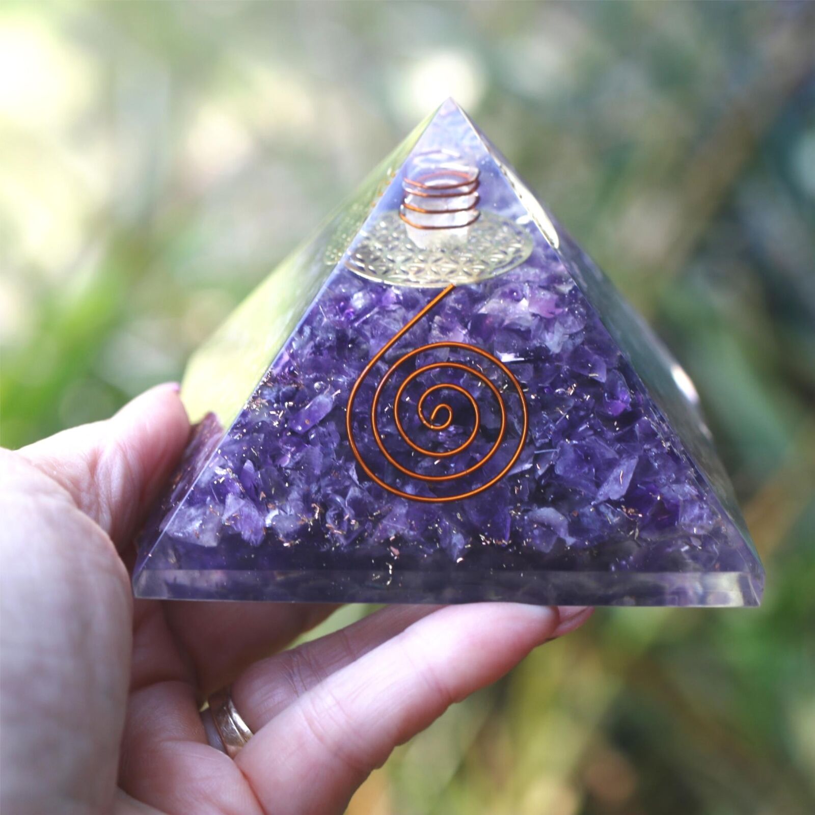 Natural Amethyst Orgone Pyramid XL 90mm Flower of Life EMF & 5G Protection