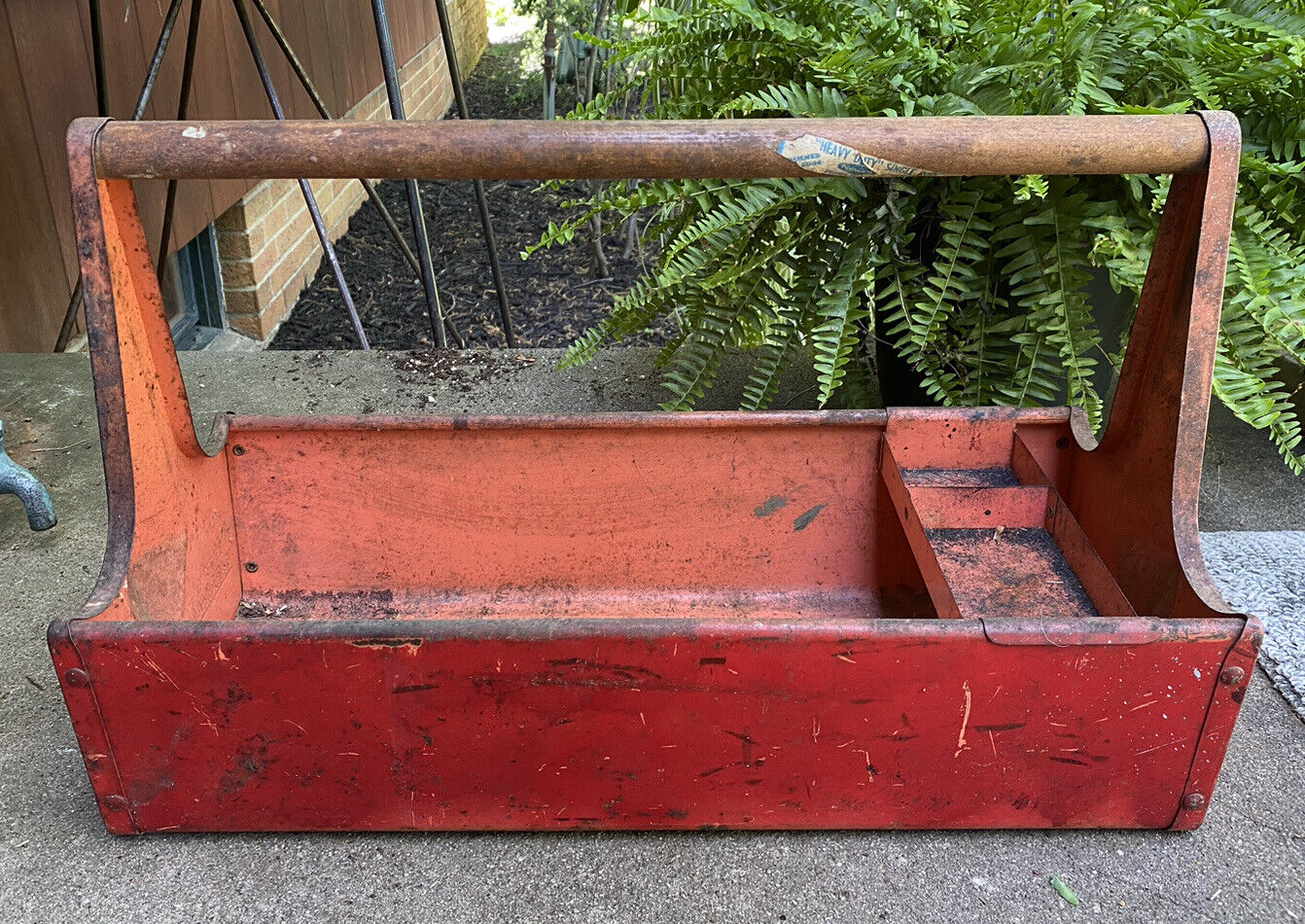 Vintage Craftsman Carryall RED Metal Tote Carrier Caddy Wood Handle Toolbox