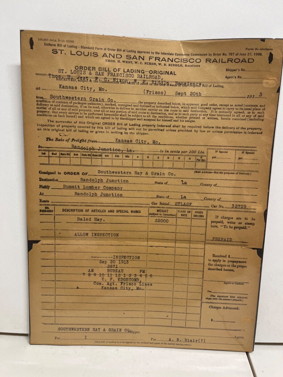 1913 St. Louis & San Francisco Railroad Order Bill of Landing