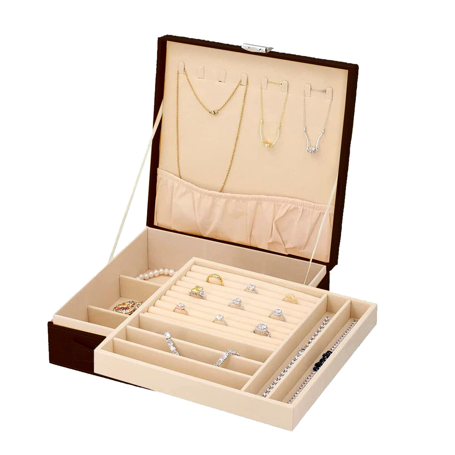 Women Jewelry Box Organizer Brown Faux Velvet Briefcase 2Tier Antitarnish