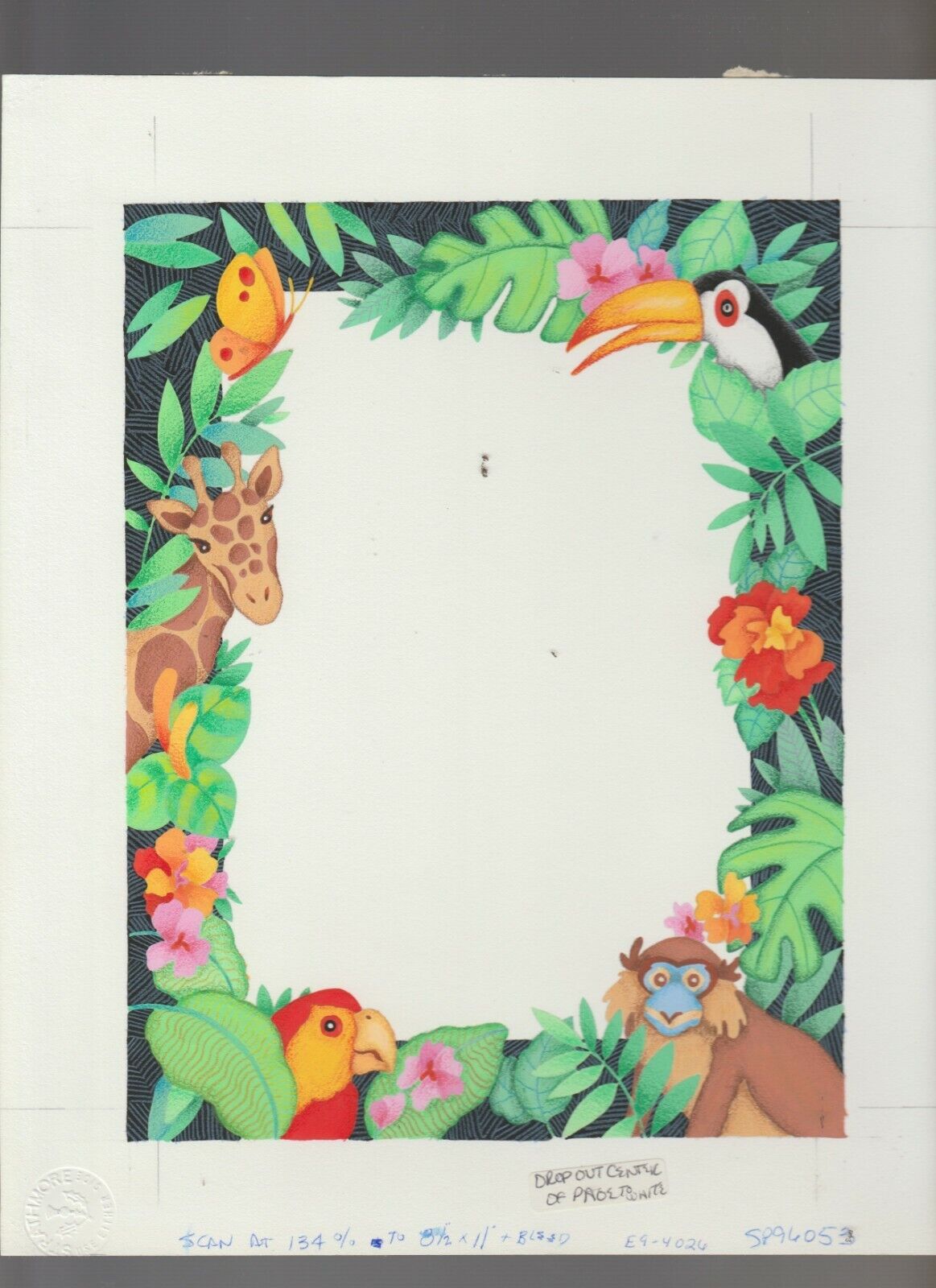 JUNGLE ANIMALS w/ Monkey Giraffe & Birds 9x11\