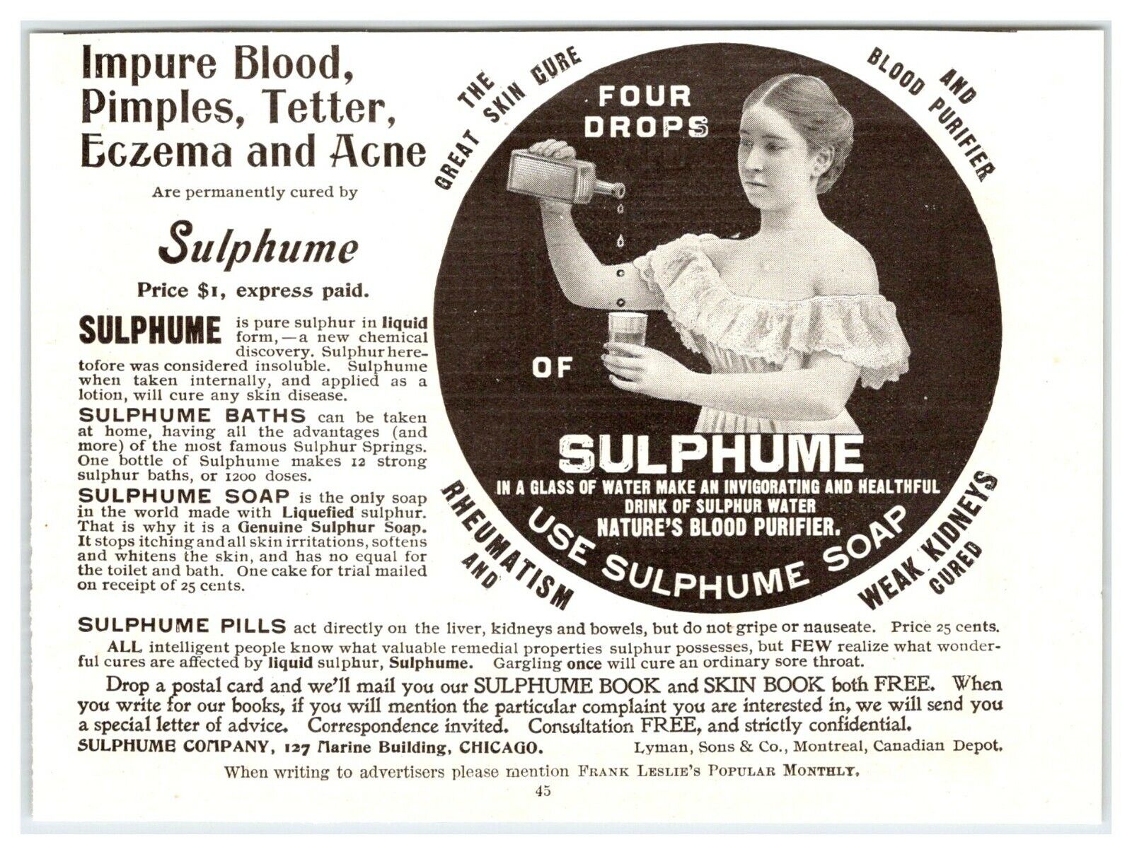 QUACK MEDICINE SULPHUME LIQUID PILLS Vintage 1901 4.5\