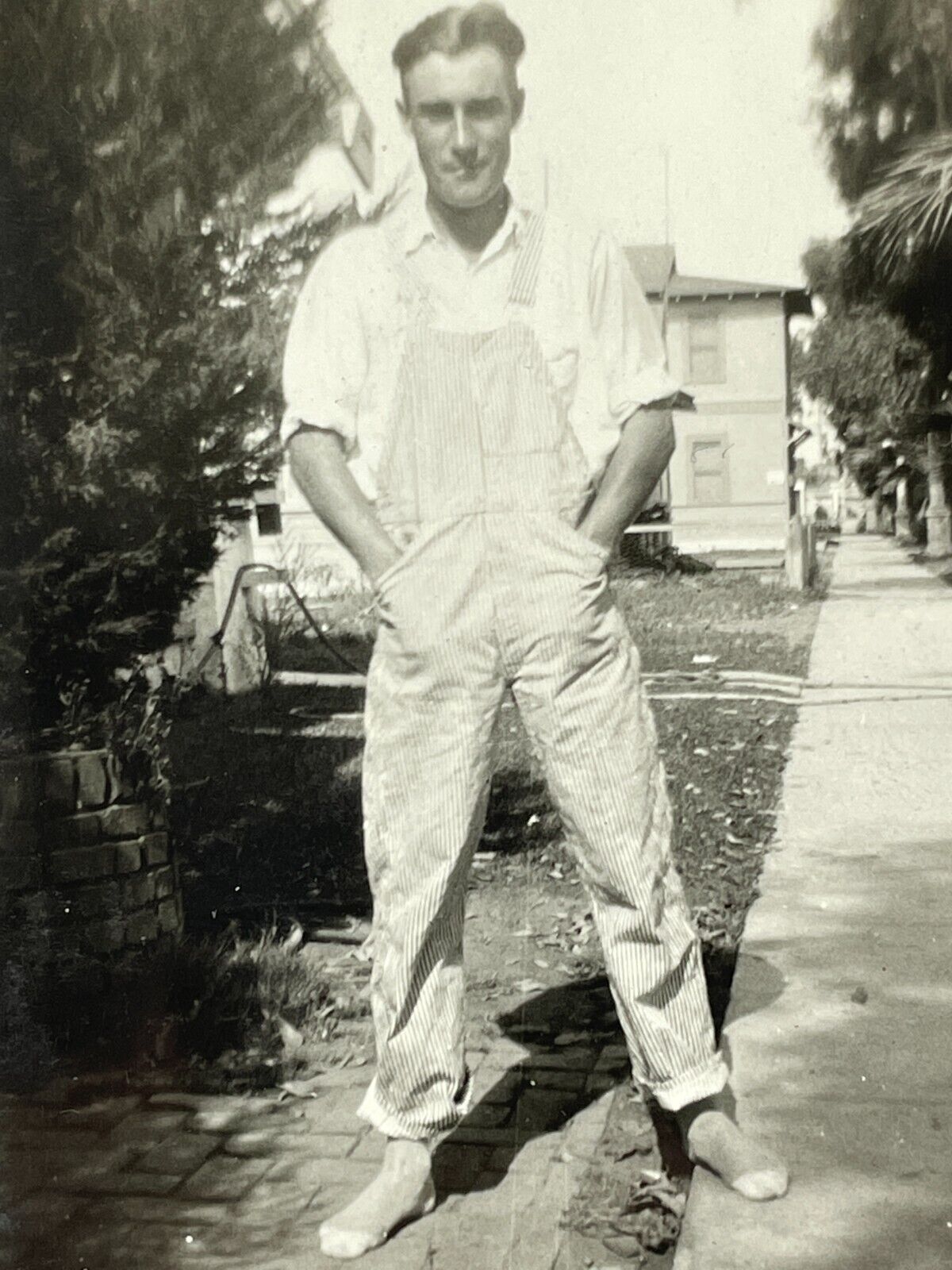 N7 Photograph 1920's Handsome Man Farmer Overalls Socks Attractive Sexy Cute