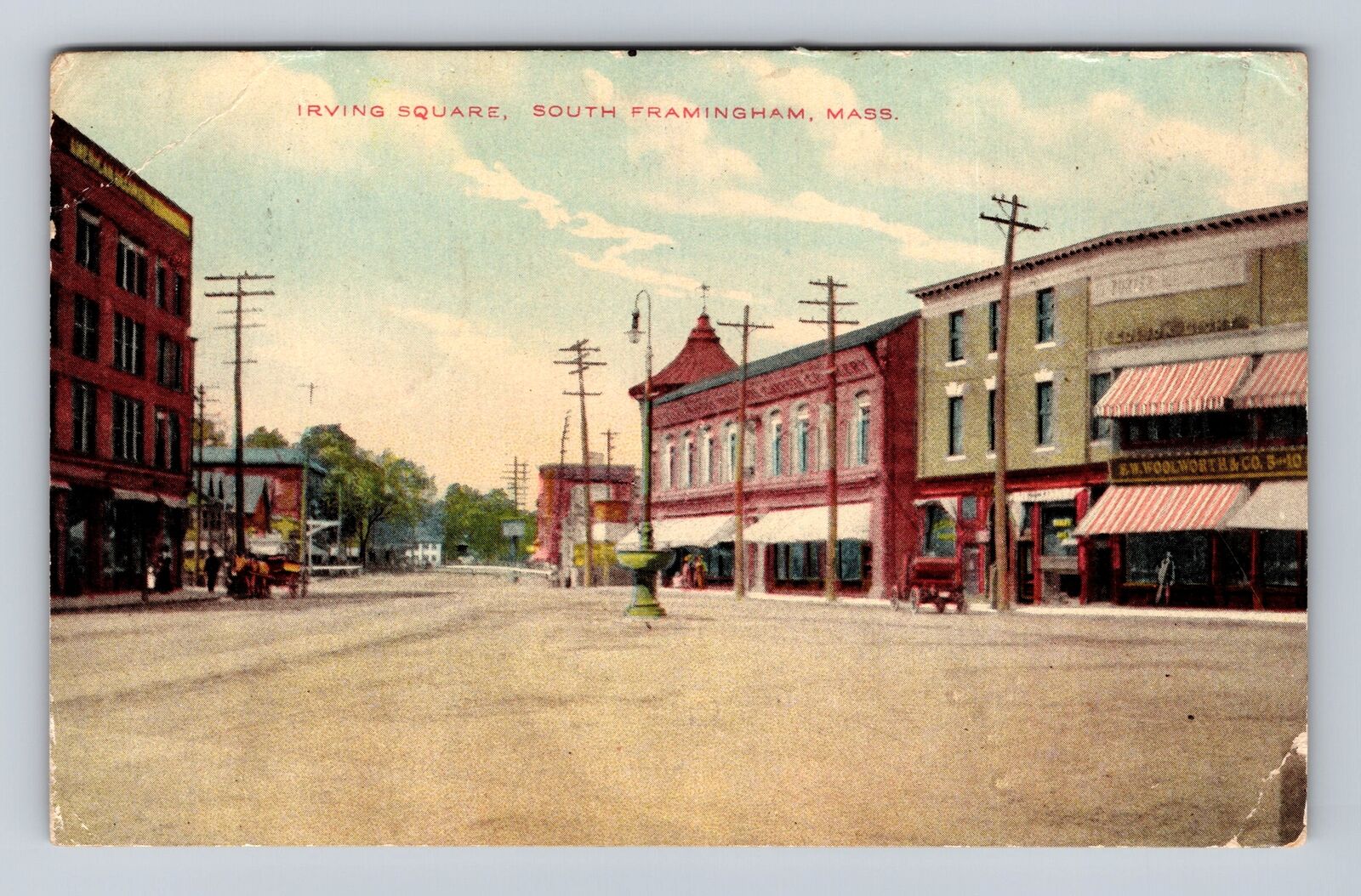 South Framingham MA-Massachusetts, Irving Square, Business Area Vintage Postcard